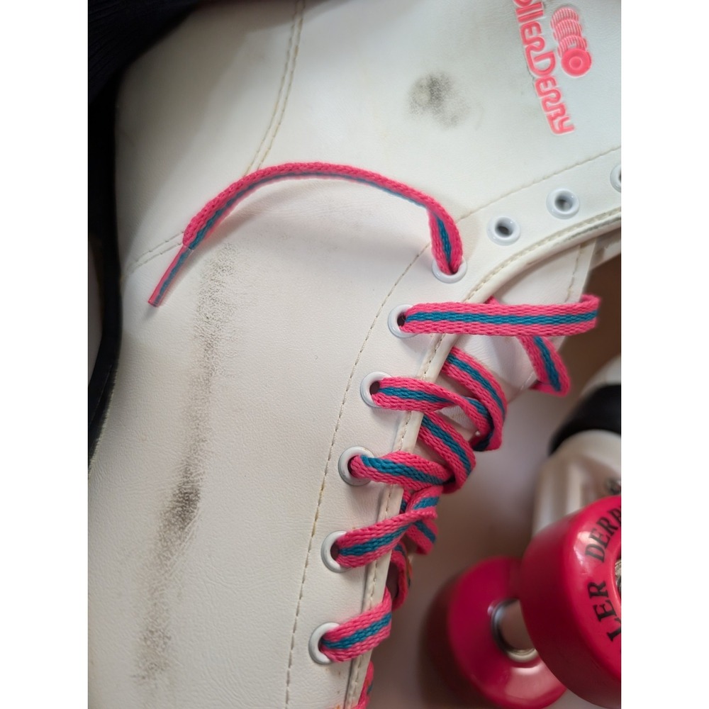 Vtg ROLLER DERBY Rollers Roller Skates White Neon Pink 4-Wheel 80s box Sz 8 - Picture 4 of 7